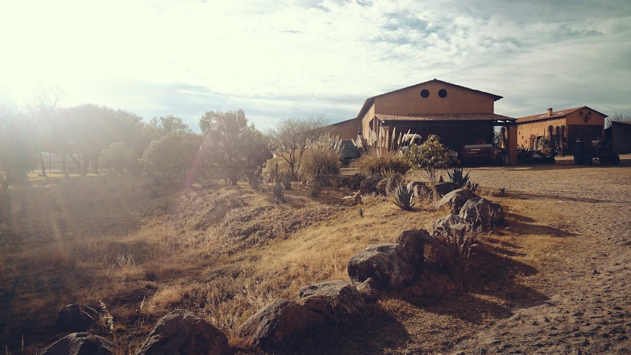 about-us-02 Scenic view of a sunlit ranch in the arid landscape of Guanajuato, Mexico during the day.